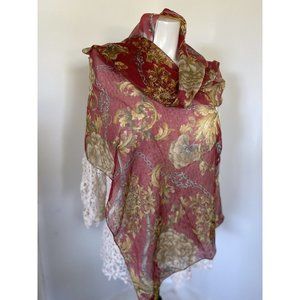 Ray Strauss Scarf Sheer Burgundy Beige Yellow Flowers Rectangle 60" x 15”‎ Italy